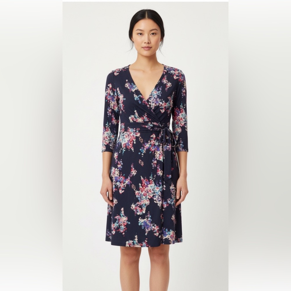 WOMENS FLATTERING NAVY BLUE‎ FLORAL 3/4 SLEEVE TUNIC MINI STRETCH DRESS V-NECK